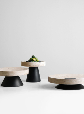 梵其侘寂风创意洞石圆形实木底托盘摆件I简约客厅茶几餐桌果盘装