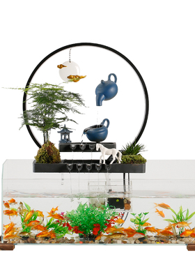 创意玻璃鱼缸流水摆件 办公室客厅玄关招财喷泉桌面装饰开业礼品