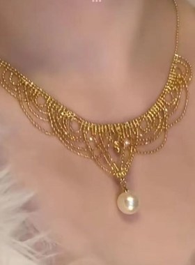金色流苏锁骨链复古超仙颈带珍珠配饰小众设计颈链简约Z高级感项