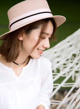 帽子女帽潮d流韩版百搭m标平顶小沿礼帽夏天粉色草帽女夏小清新