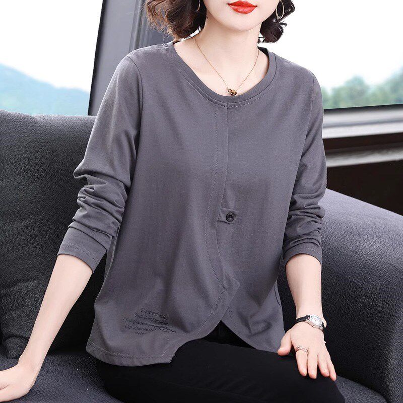纯棉长袖t恤女装2024春秋新款妈妈不H规则上衣大码胖mm宽松打底衫