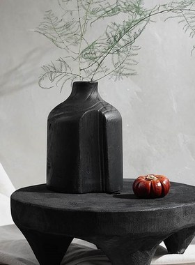 侘寂风小茶盘圆形黑色矮脚木平盘实木样板间装饰托盘摆件民宿客厅