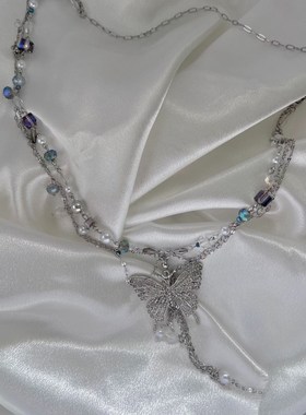 甜酷少女振翅蝴蝶珍珠项链双层叠戴风星星锁骨链少女斗志 甜酷辣