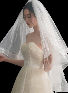 新品新娘结婚主婚纱头纱超仙森系网红拍照道具领证婚纱照白色头纱