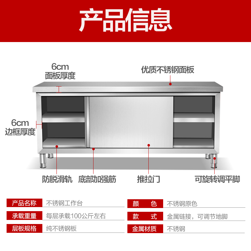 4不锈钢拉门厨作台用房操作面案板专用切U菜桌子家商工储 - 图1