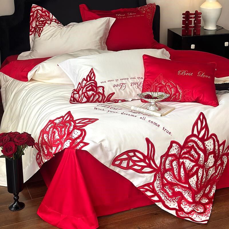 新疆长绒棉结婚庆玫瑰四件套喜庆酒红色被套陪嫁少女床品,淘宝优惠券,粉丝福利购,淘宝优惠卷