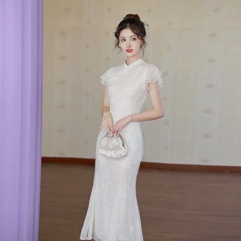 Кимоно cheongsam, белое платье, подружке невесты, китайский стиль, с вышивкой