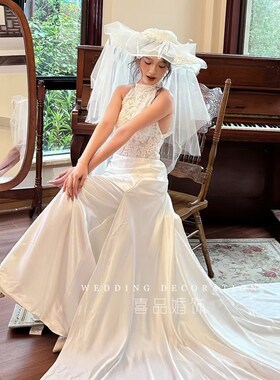喜品新娘新品优雅白色花朵大礼帽连长纱新娘造型外景样片拍照头饰