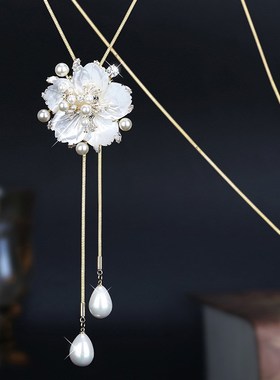 2021秋冬新款贝壳花朵毛衣链女C时尚简约大气珍珠流苏项链跨境