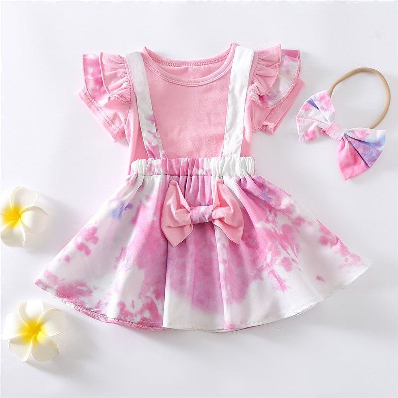 推荐New girl's pink tie-dye top suspender skirt bow headband-图0