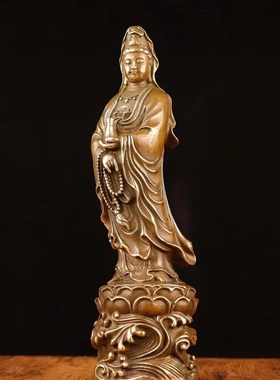 铜莲花观音摆件黄铜站观音菩萨家用玄关桌面供养手持念珠净瓶观音