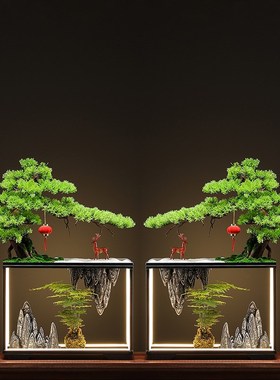 仿真迎客松盆景绿植摆件可发光玄关装饰家居室内样板间酒店微景观