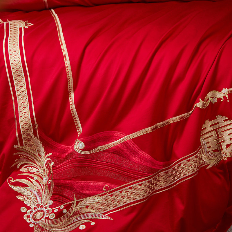 新品100支长绒棉婚庆四件套 大红刺绣被套结婚床品简约欧式,淘宝优惠券,粉丝福利购,淘宝优惠卷