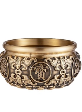 精工超大小号聚宝盆纯黄铜浮雕全铜米缸铜缸招财摆件客厅玄关摆件