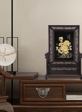 弗朗德客厅办公室装饰品金箔花开富贵屏风摆件送长辈轻奢商务礼品