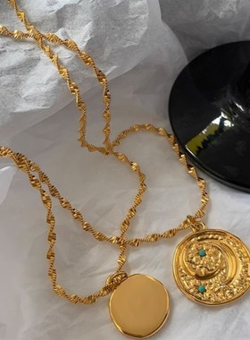 复古小众星月金色圆形金币项链女轻奢高级感蛇骨T链叠戴锁骨链欧