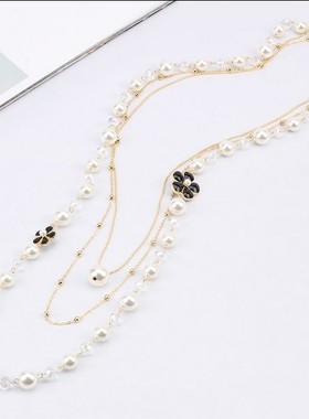 韩国长款多层珍珠花瓣项链毛衣A链女挂件韩版秋冬百搭气质装饰品