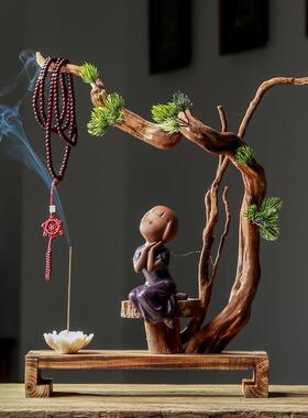 中式禅意小和尚创意风化木陶瓷线香炉家居电视柜博古架装饰摆件