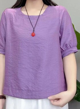 棉麻上装女夏季新款文艺休闲宽松大码女装绣花袖T短恤T亚麻小衫女