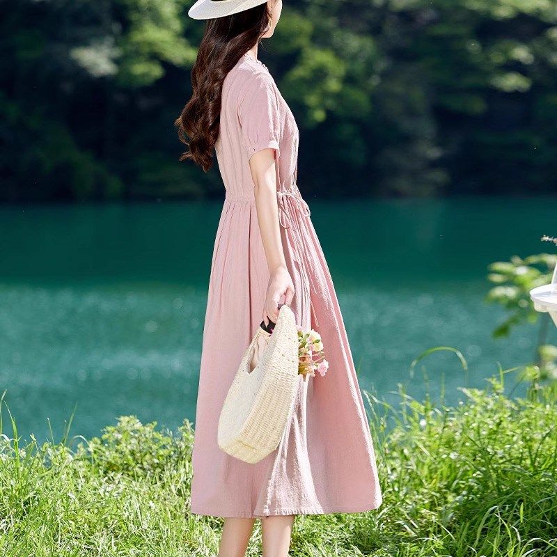 棉麻连衣裙女夏季2024年新款收腰显瘦气质减龄妈妈高级感纯色裙子,淘宝优惠券,粉丝福利购,淘宝优惠卷