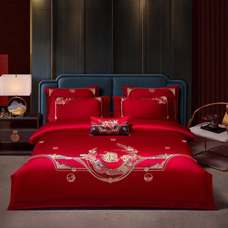 喜庆大红色结婚庆被套床单式床品四件套刺绣婚嫁婚礼床上用品,淘宝优惠券,粉丝福利购,淘宝优惠卷