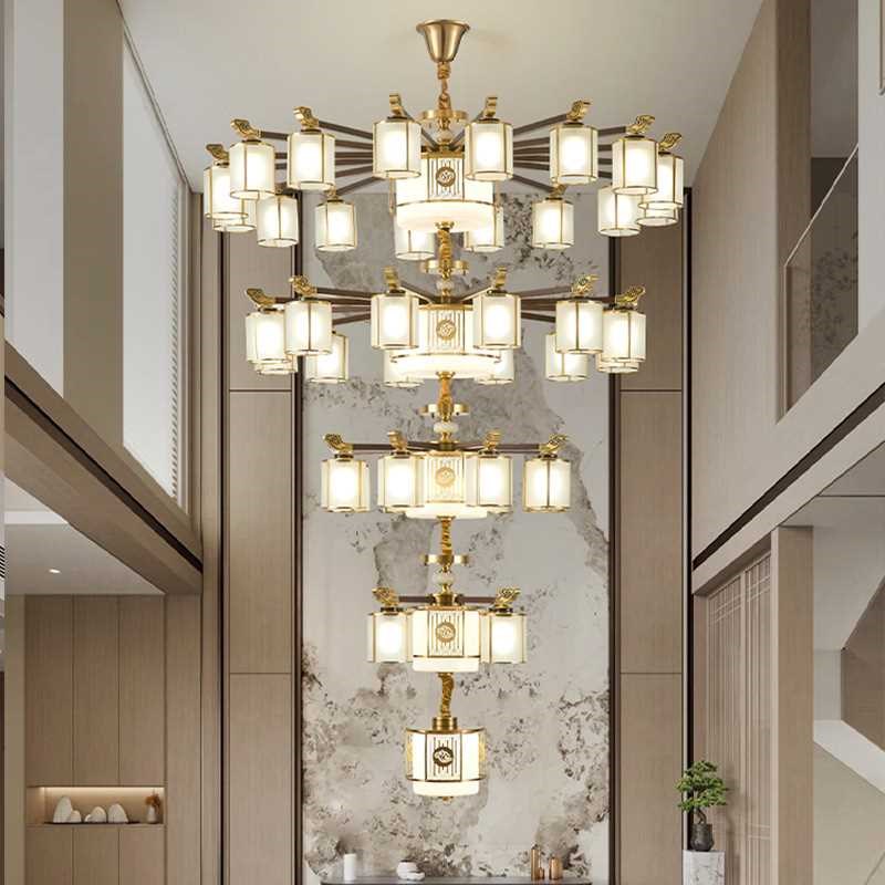 新中式复式楼客厅大吊灯全铜实木大气别墅中空挑高楼中楼梯大厅灯 - 图0