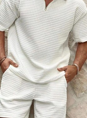 小众高货Men's Fashion Solid Color Polo Sport Set男装新款时尚