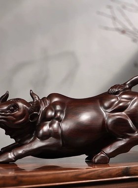 黑檀木雕牛摆件十二生肖牛气冲天实木雕刻红木工艺品客厅招财饰品
