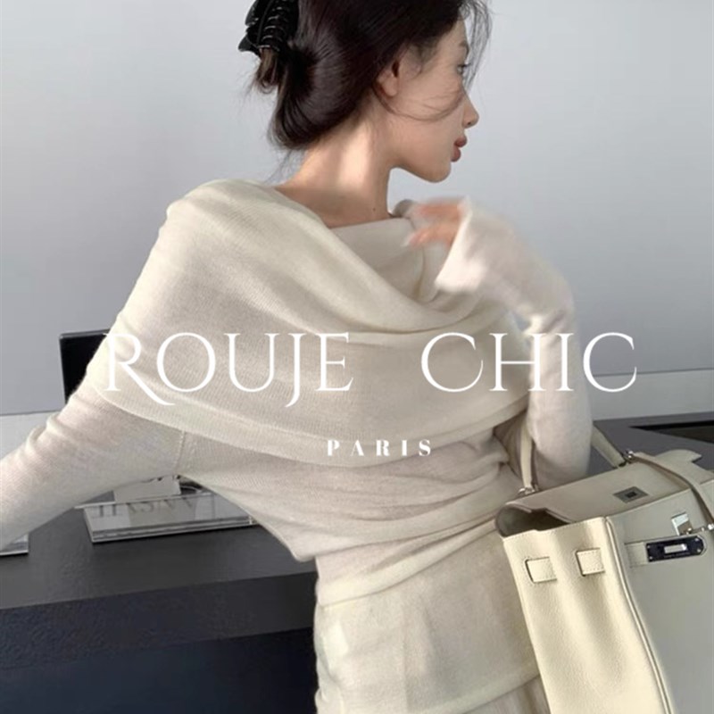 法国Rouje Chic法式内搭褶皱一字肩针织衫女秋季修身性感小众上衣 - 图2