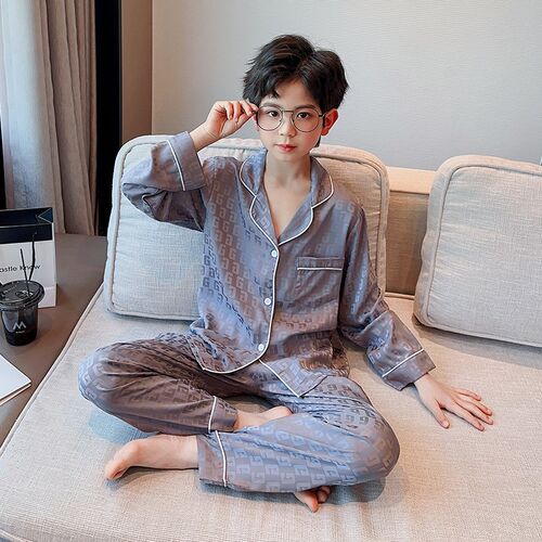 男童冰丝睡衣春秋夏季薄款儿童长袖空调服套装洋气大童男孩家居服 - 图0