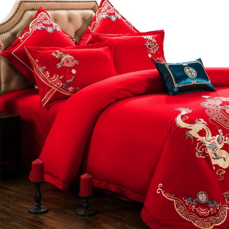 婚庆四件套长绒棉红色喜庆2024新款婚庆大刺绣四件套婚庆床品套件,淘宝优惠券,粉丝福利购,淘宝优惠卷