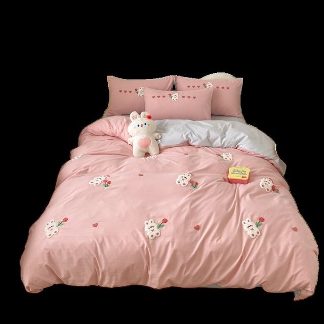 Cartoon solid color wash cotton four-piece set cotton bedding children's L quilt cover bed sheets and bed fittings three-piece set