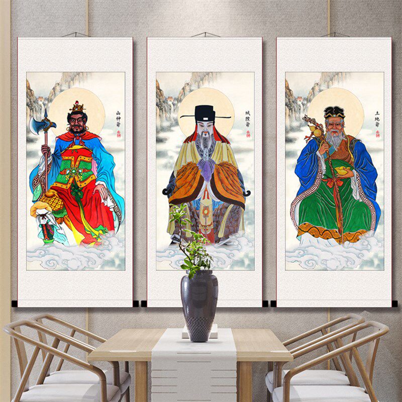 山神爷土地公画像城隍爷神像竖轴挂画丝绸材质手工装裱防水不褪色