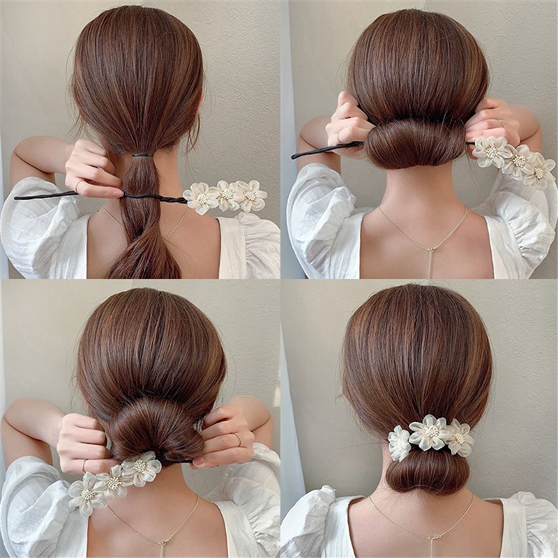 极速New Women Elegant Bud Chiffon Flowers Bun Maruko Hairsty-图1