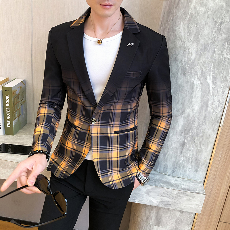 网红Men Blazer 2021 Spring New Colorblock Plaid Blazer Men S-图1