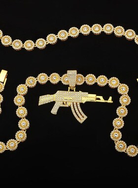 跨境嘻哈长枪形状CS游戏吊坠满钻古巴项链K男个性潮流首饰套装厂