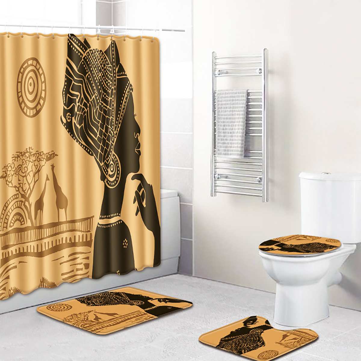 4pcs/sat Shower turCain Bath Mat Set African Women PZattern - 图2