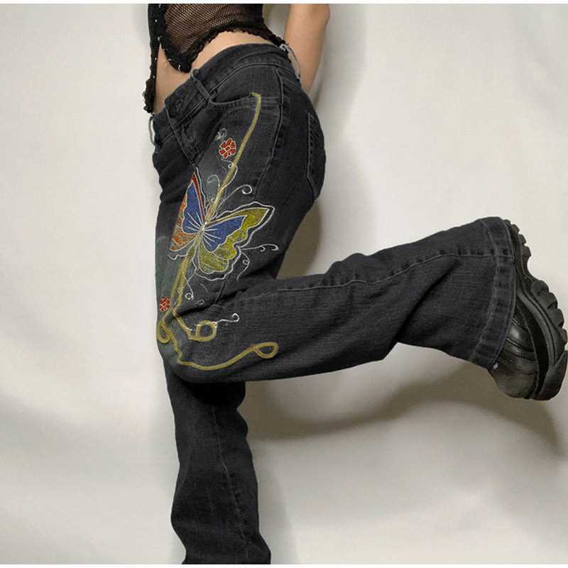 推荐Retro Butterfly Print Y2K Denim Jeans Low Waisted Grunge - 图2