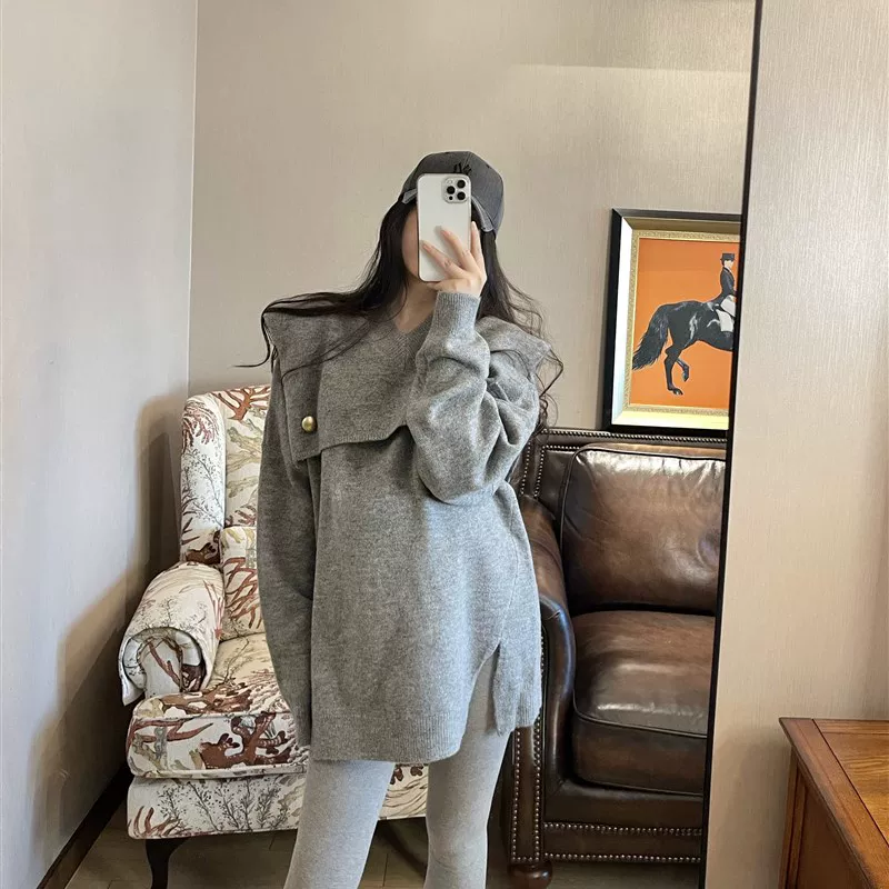 Woolen sweater for pregnant, autumn set, 2021 collection, V-neckline, plus size, internet celebrity, western style, oversize