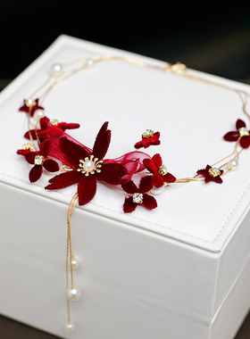 新娘结婚饰品酒红色颈链r项链森系仙美敬酒服中式婚礼婚纱礼服配