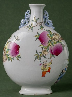 清代 粉彩童子献寿抱月瓶文玩古董瓷器艺术品摆件办公室花瓶摆件