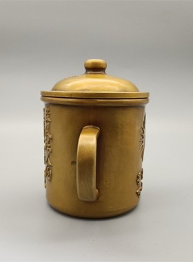 大号纪念铜茶杯j茶缸纯铜复古纪念水杯带盖中式老式茶缸家居摆件