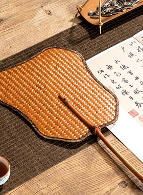 竹编芭蕉扇云锦布包边扇子中式复古风大漆蒲扇手工筇竹柄日式团扇