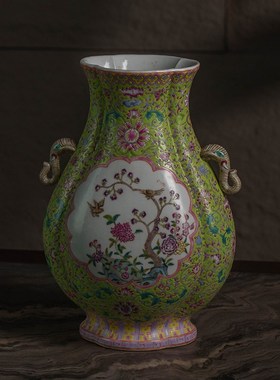 清代绿地粉彩吉祥富贵海棠形象耳瓶文玩古董瓷器收藏中式花瓶摆件