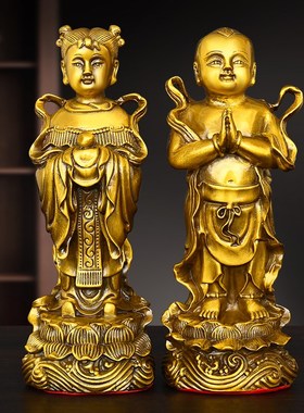 纯黄铜金童玉女一对摆件中式家居客厅卧室装饰礼品童子童男童女