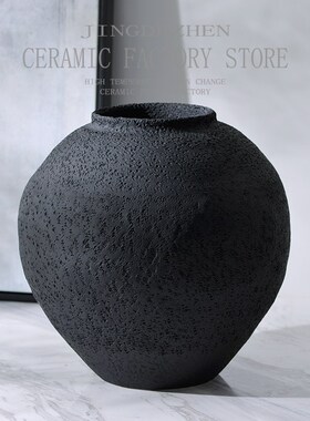 中式复古禅意黑色粗陶陶罐花瓶客厅插花陶瓷摆件酒店样板间装饰品