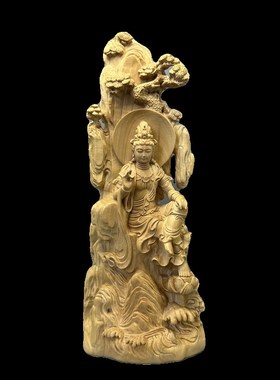 黄杨木雕圆月自在观音摆件中式禅意家居客厅博古架玄关佛像工艺品