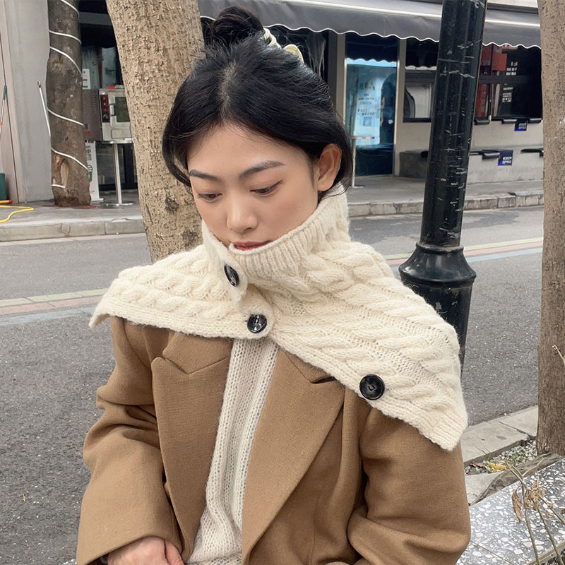 速发日本高领套头围脖女冬季保暖高级感纽扣麻花针织脖套披肩