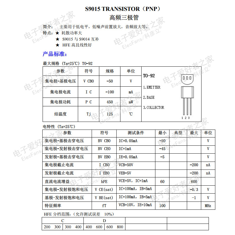 速发(20个)直插S9015 TO-92 PNP小功率三极管晶体管 50V/0.1A-图1