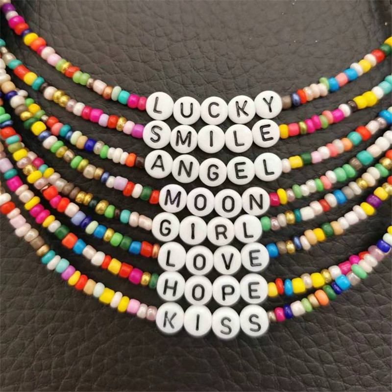 Boho Handmadek Dic Rice Bead Necklaye Lett r LuckyeLove Girl - 图0